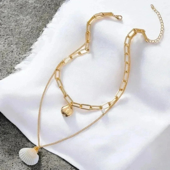 🆕️ 14K Gold Plated Layered Necklace with Natural Shell & Freshwater Pearl - Picture 4 of 9